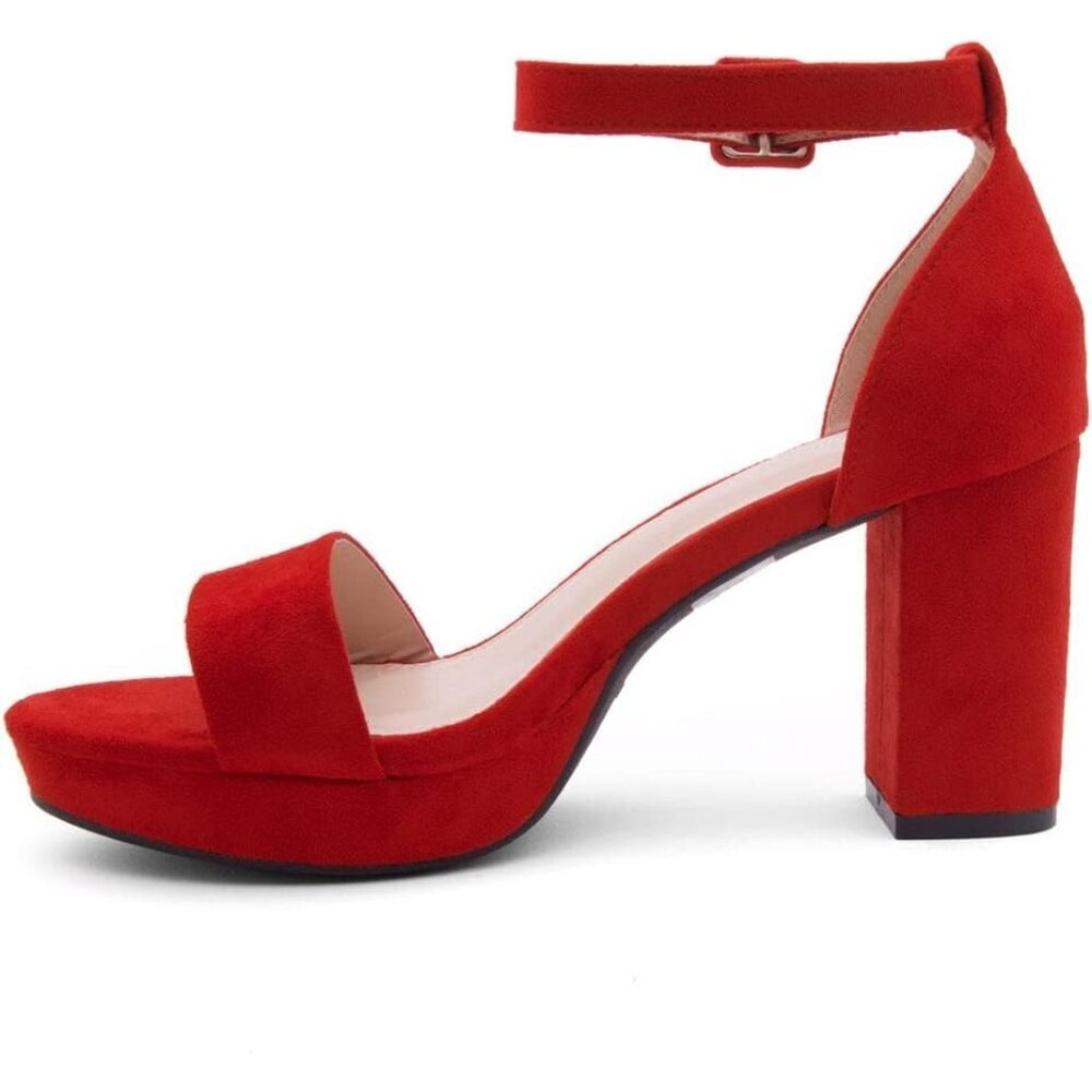 Women's Red Chunky Block Ankle Strap Stylish Comfortable Open Toe Strappy Heel - Picture 3 of 7